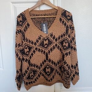 Doublju NWT distressed and oversized v-neck sweater.